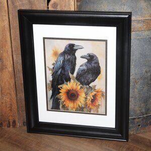 NEW Rustic Black Bird Raven Crow & Sunflowers Farmhouse Wall Decor Picture
